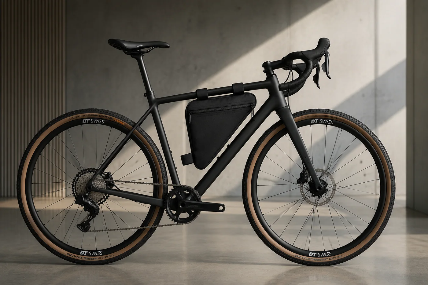 Black gravel bike with drop bars and tan-wall tires standing in a concrete room, a black triangle frame bag strapped inside the frame triangle