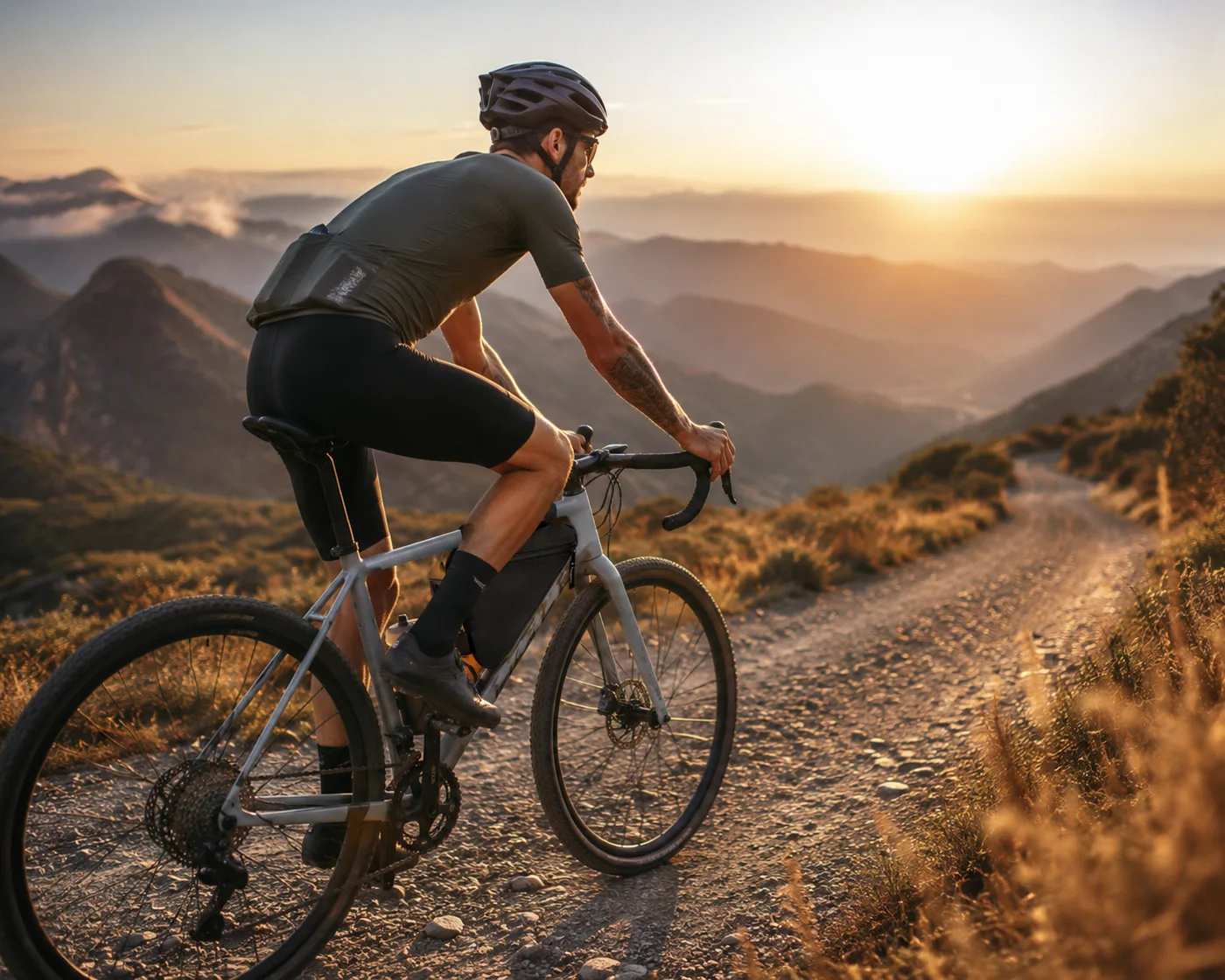 Cyclist in a helmet and olive jersey riding a light grey gravel road bike up a stony mountain track at sunrise, a black frame bag strapped inside the frame triangle