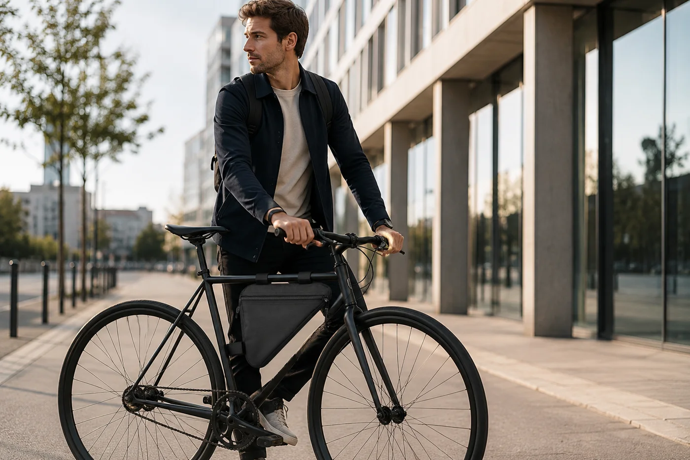Commuter in a navy jacket standing over a black single-speed city bike on a sunlit street, a slim black triangle bag strapped high in the short frame triangle