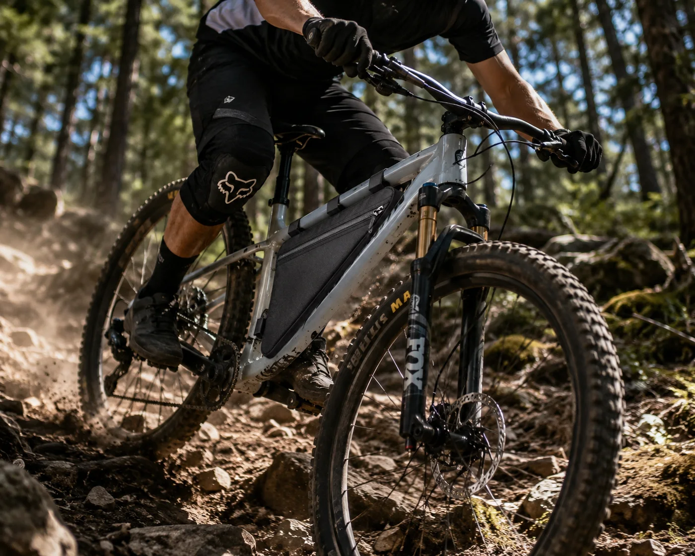 Mountain biker riding down a rocky forest trail on a white full-suspension bike with a black triangle frame bag strapped in the front triangle