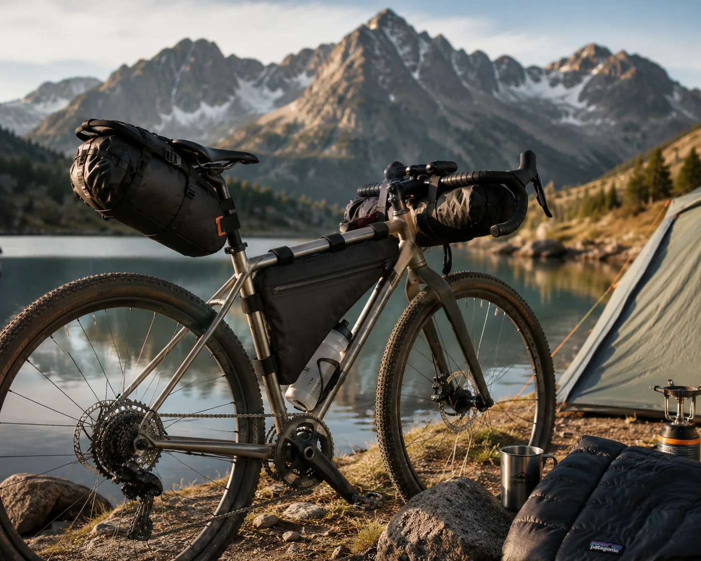 Loaded bikepacking rig parked beside an alpine lake at dawn — black triangle frame bag in the front triangle with a bottle below it, a saddle pack, a handlebar roll and a tent pitched alongside