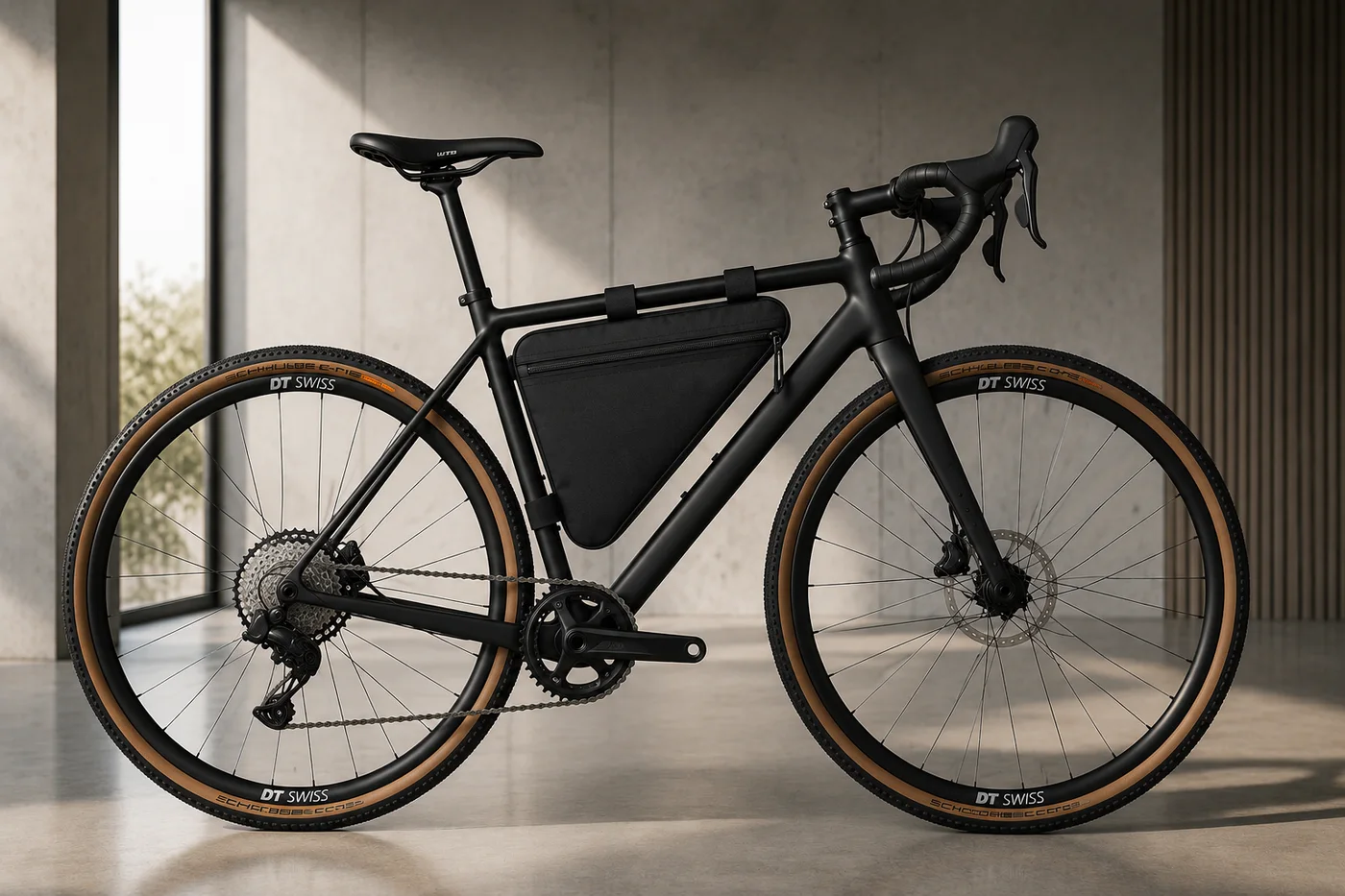 Black gravel bike parked indoors beside a window, with a large black triangle bag filling the upper part of its frame triangle