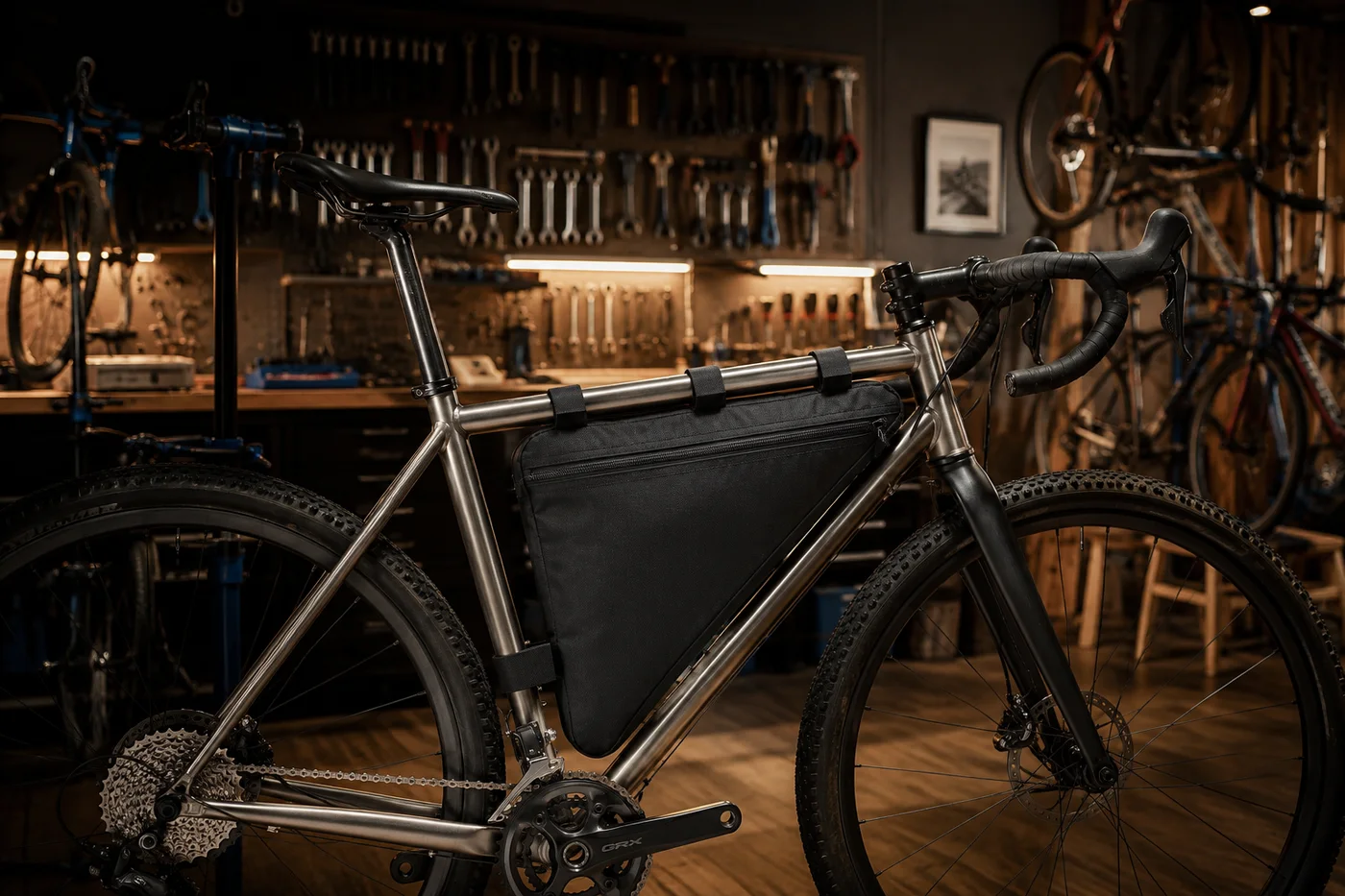 Titanium gravel bike in a bike workshop, a black triangle bag filling most of the frame triangle, tool wall lit in the background