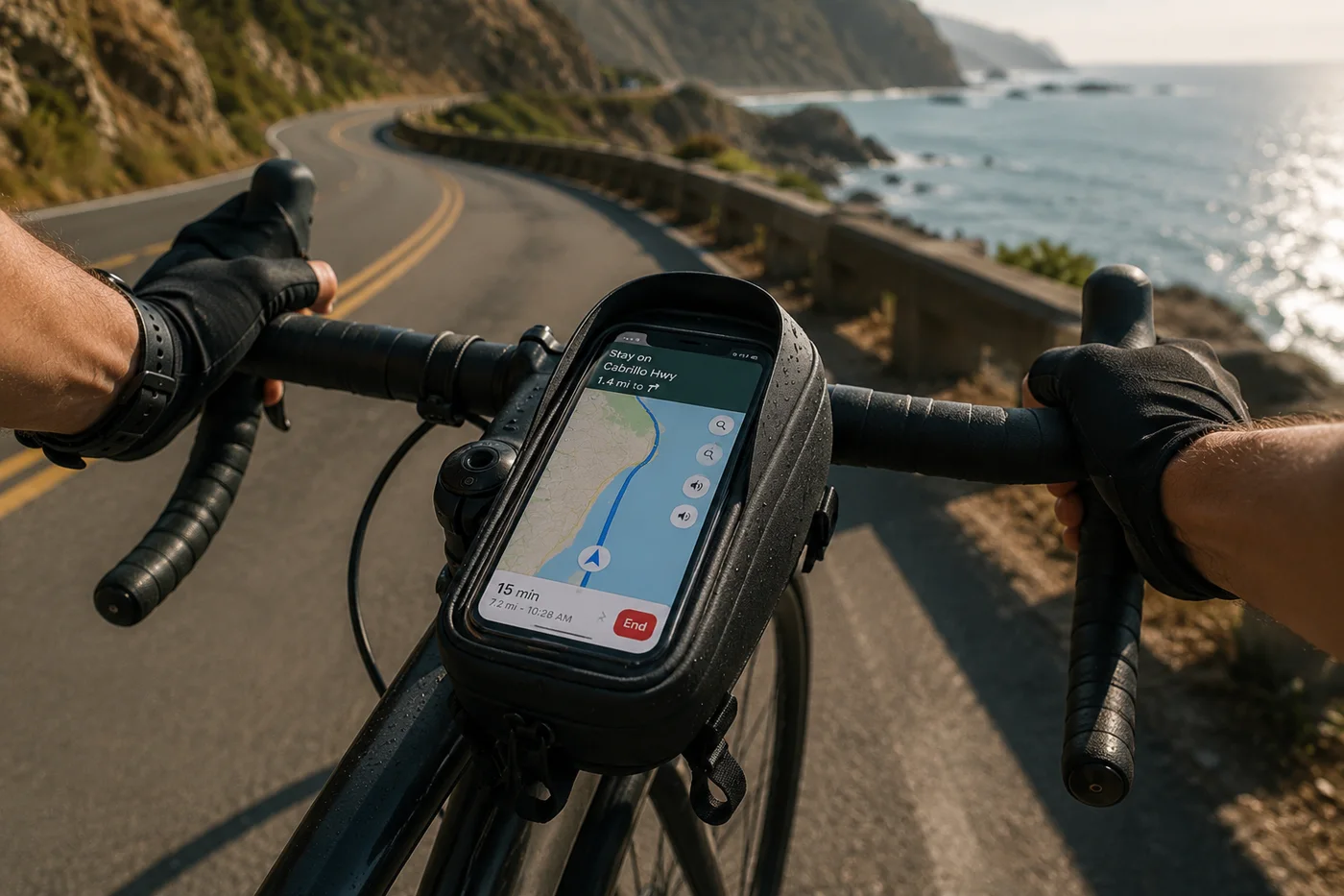 Rider's point of view over drop handlebars on a coastal road, a phone running a navigation map inside the touchscreen window of the top tube bag