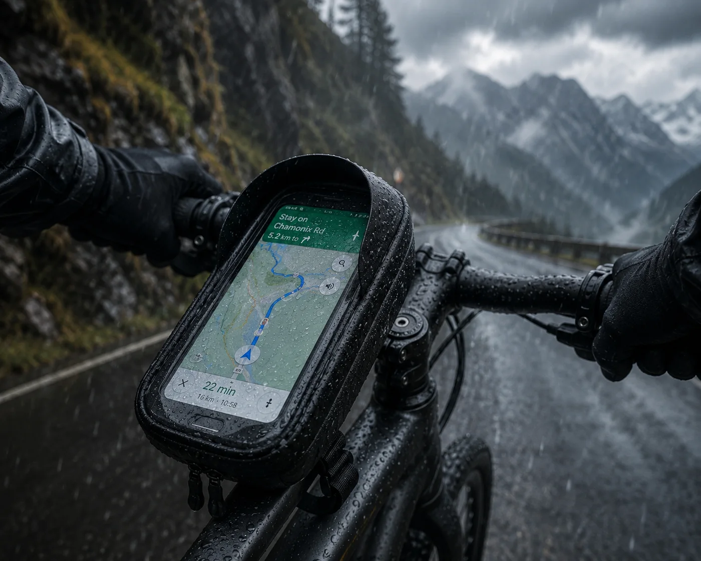 Hard-shell top tube phone bag beaded with rain on a wet mountain road, the touchscreen window showing a navigation map while a gloved rider holds the bars