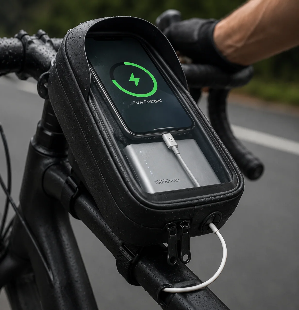 Close-up of a hard-shell top tube bag covered in raindrops, a phone charging behind the touchscreen window from a power bank stored inside