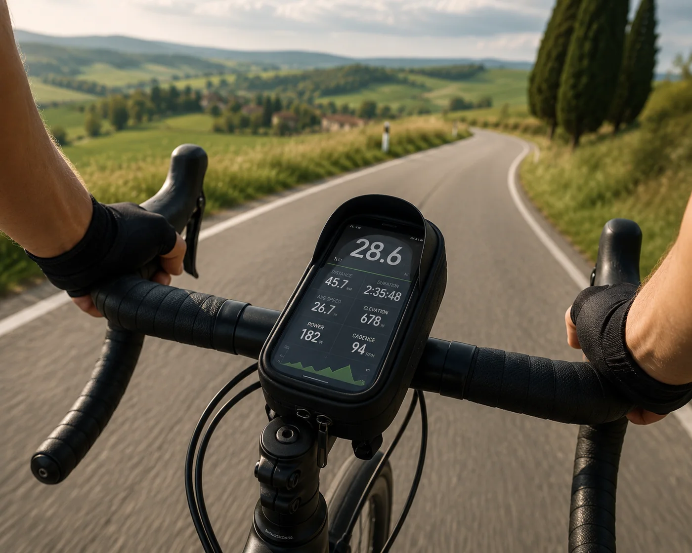 Rider's point of view over the drop bars of a road bike on a country road, with a phone held in a black touchscreen phone bag on the stem showing speed, distance, elevation and cadence