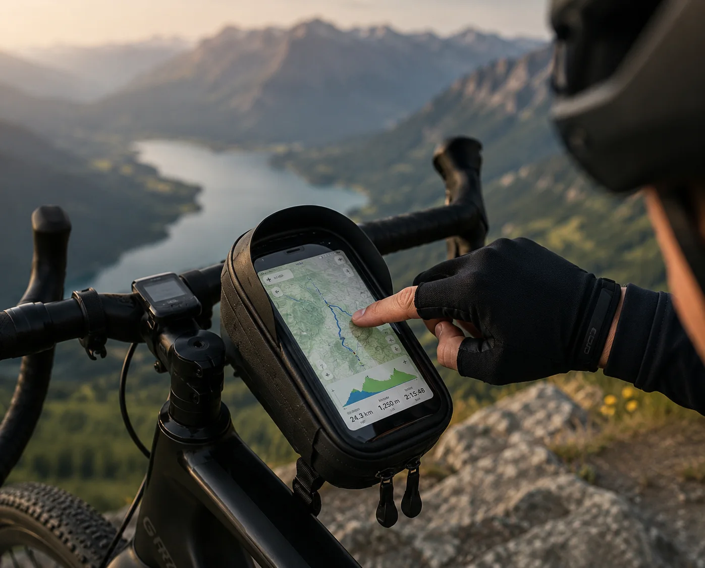 Gloved finger tapping a route map through the touchscreen window of a hard-shell top tube bag, a lake and mountains in the background