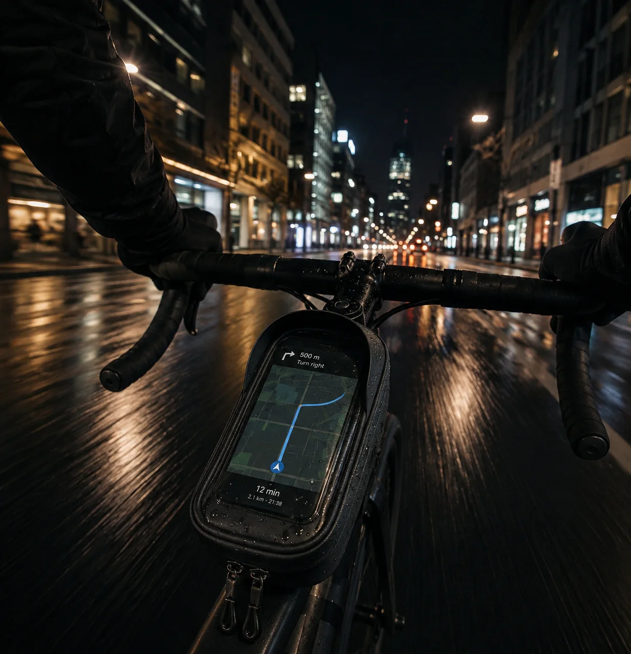 Rider's point of view over the handlebars on a wet city street at night, following turn-by-turn map directions on a phone through the clear window of a black top tube phone bag