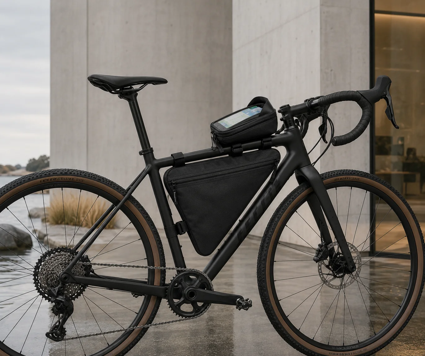 Black gravel bike on wet ground beside a concrete wall, carrying both bags at once — a black triangle frame bag inside the frame and a black top tube phone bag behind the stem with a map showing on the screen
