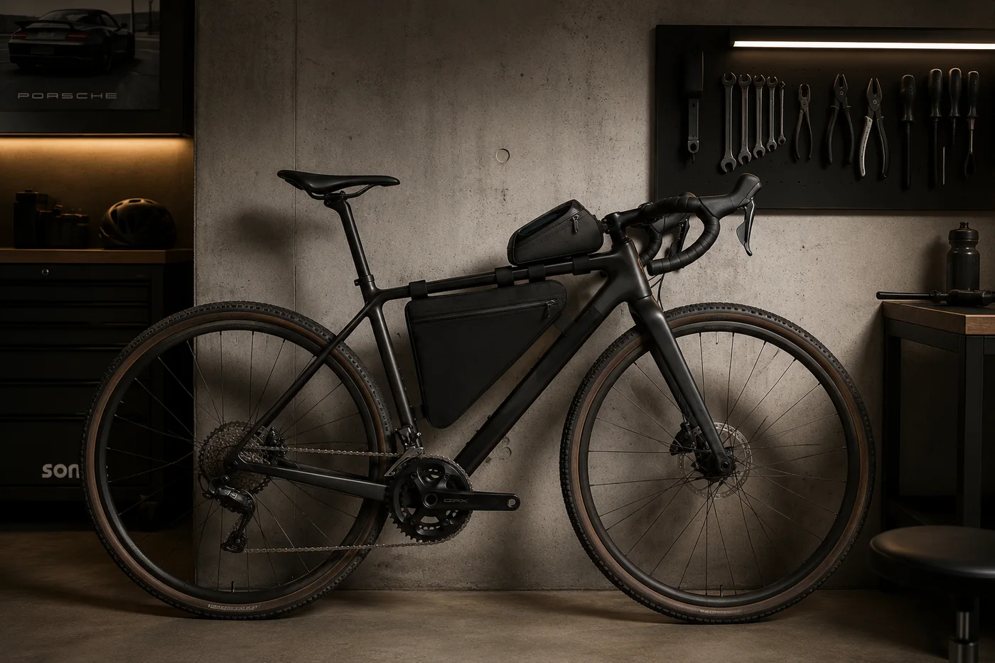 Gravel bike in a dark workshop fitted with both a black triangle frame bag inside the frame and a small top tube bag behind the stem