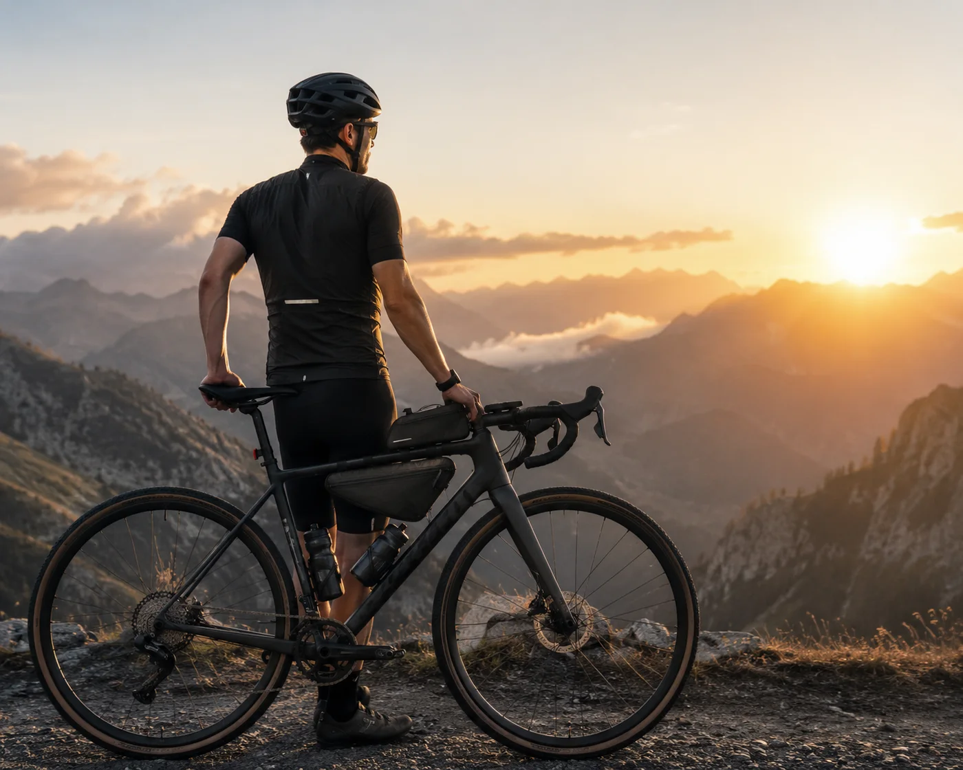 Rider in black kit standing beside a gravel bike on a mountain ridge at sunset, the bike fitted with a black frame bag in the triangle and a small top tube bag behind the stem