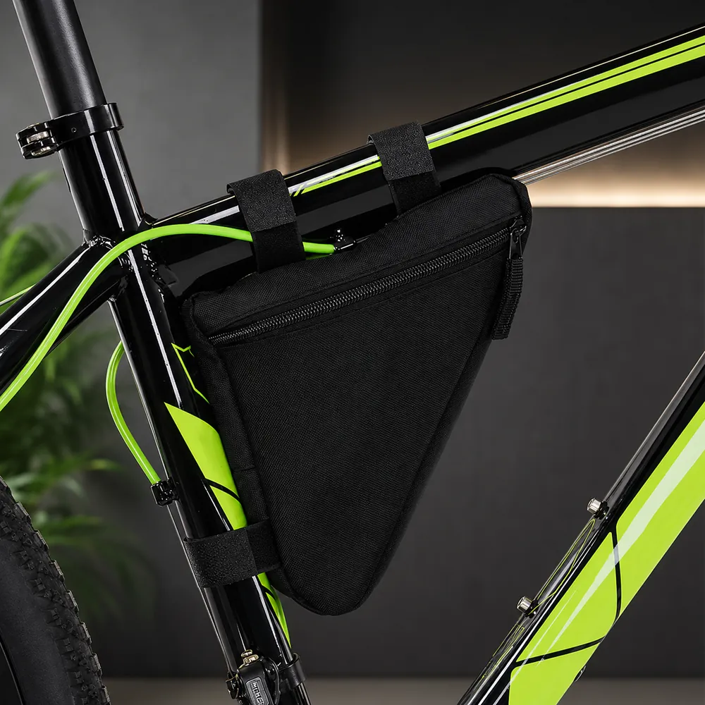 A Ridgeline Trail frame bag strapped inside a bike frame triangle