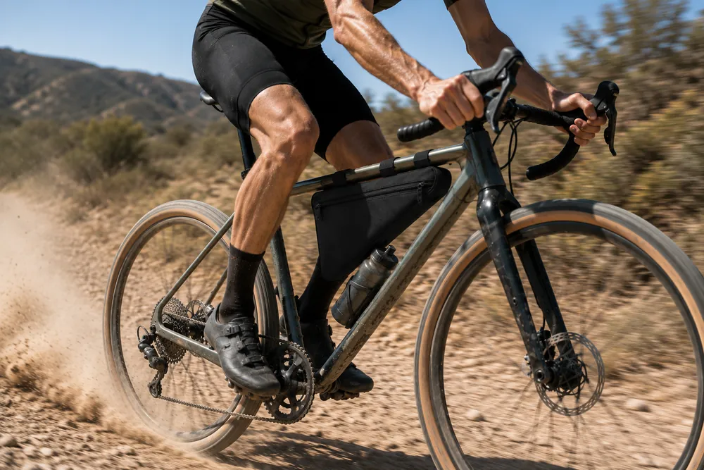 Cyclist riding with a Ridgeline Trail frame bag