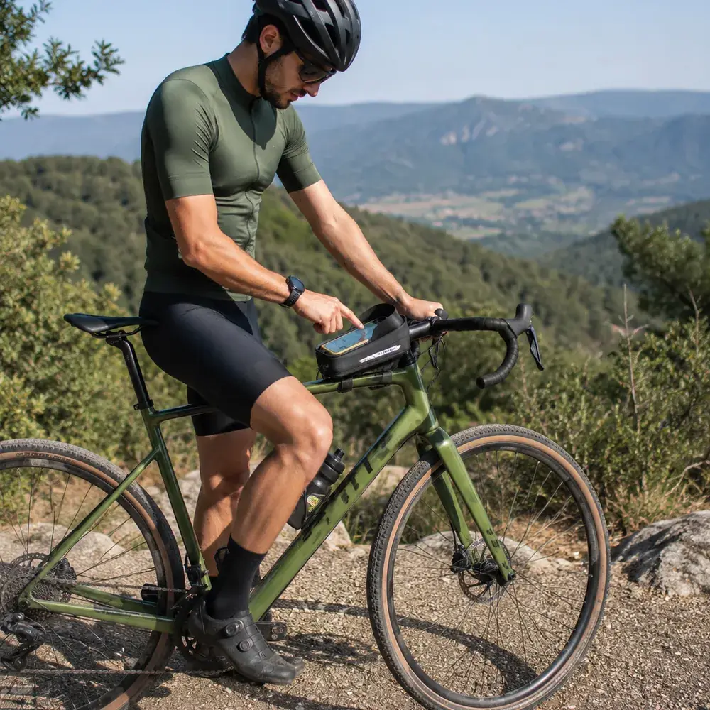 A rider pausing on a gravel bike fitted with a Ridgeline frame bag, mountain vista behind